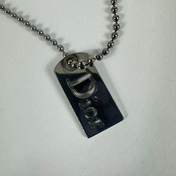 Christian Dior Silver Tone Dog Tag Ball Chain Pendant Necklace - Picture 1 of 13